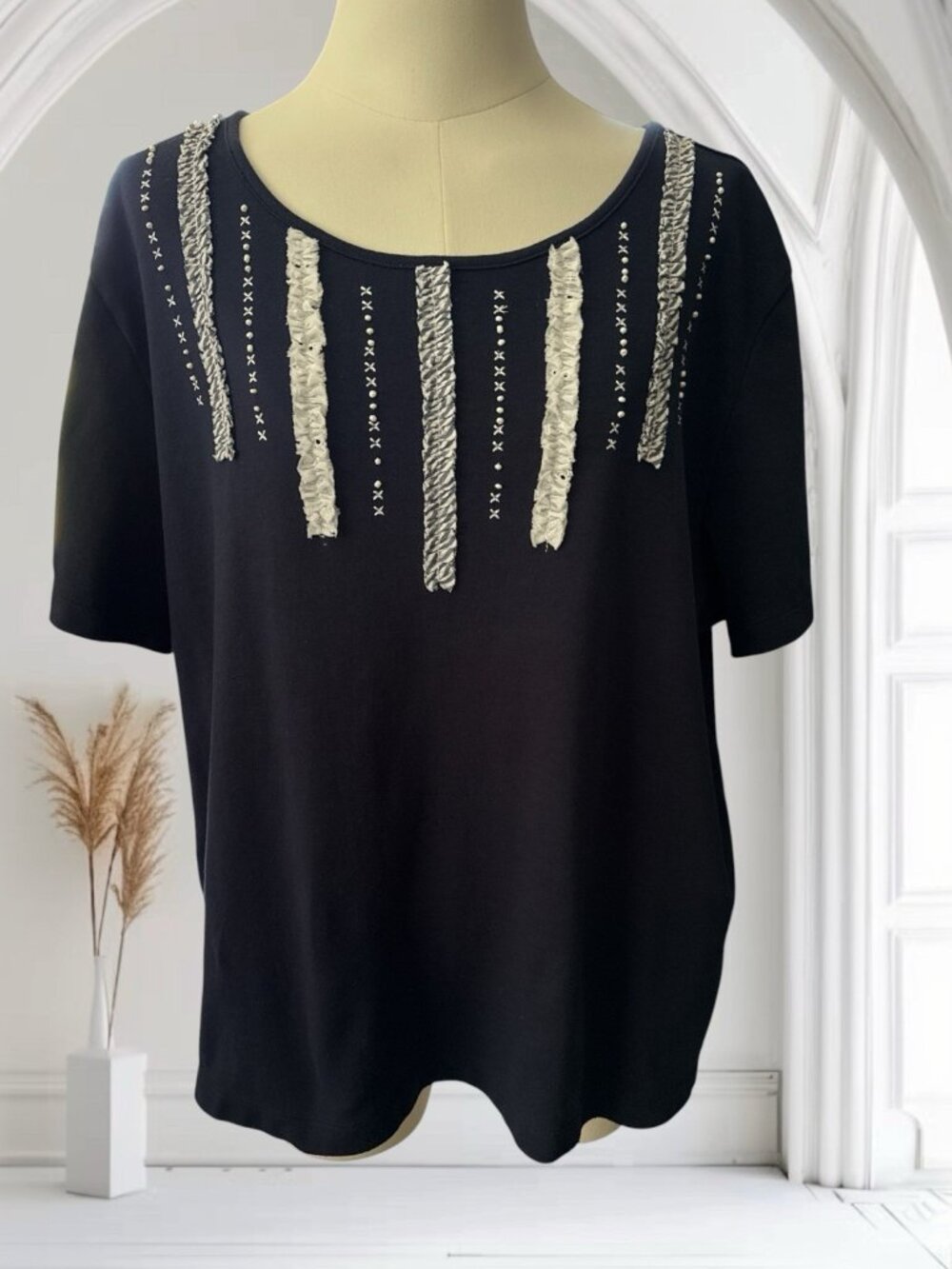 Alfred Dunner Navy Blue/White Short Sleeve Top-Size XL